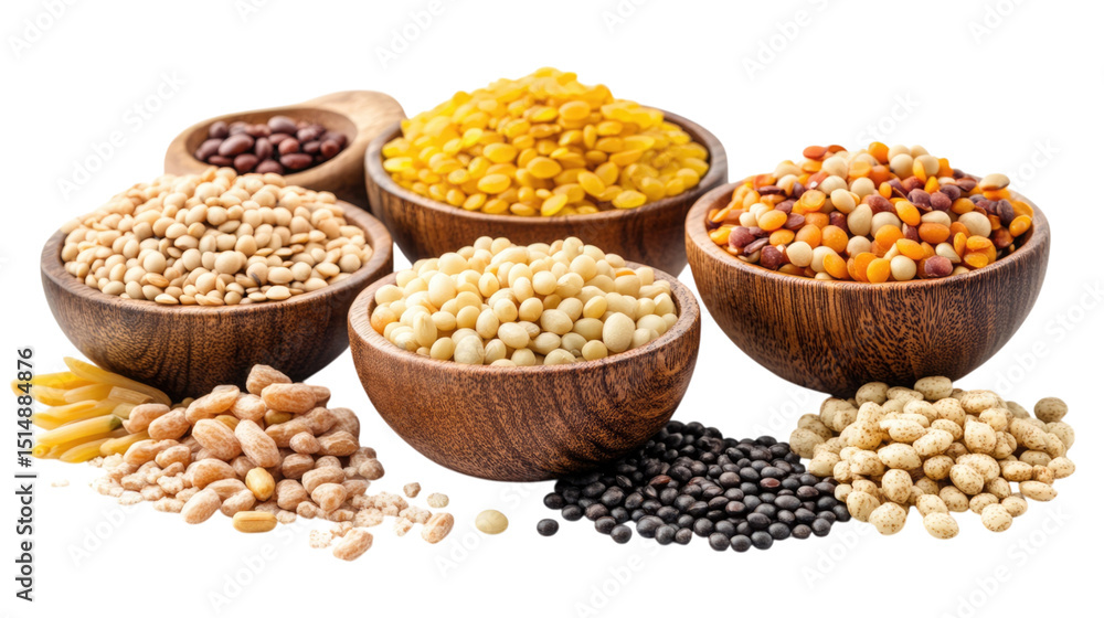 Wooden Bowls of Beans Lentils on Black with Healthy Food Still Life. Wooden Bowls of Beans Lentils on Black with Healthy Food Still Life.