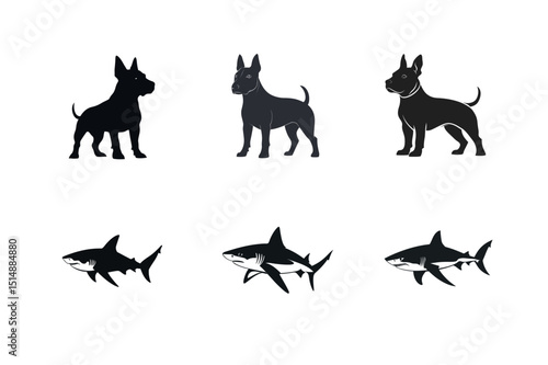 Miniature bull terrier and great white shark silhouettes