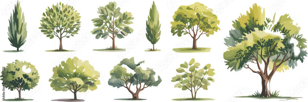 Fototapeta premium Collection of 20 Watercolor Tree Illustrations, Diverse Botanical Elements for Design Projects, Stock Illustration Set for Adobe Stock, SEO Friendly flat vector illustration