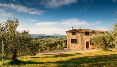 rustic tuscan villa nestled among olive groves in idyllic mediterranean landscape