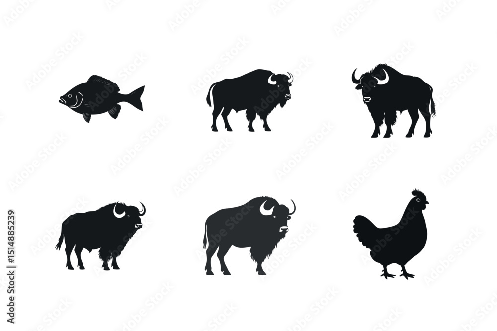 Obraz premium Silhouette set of farm animals and fish