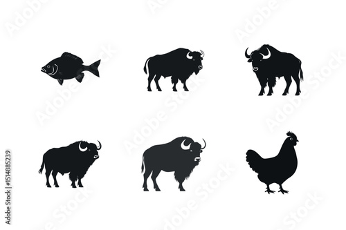 Silhouette set of farm animals and fish