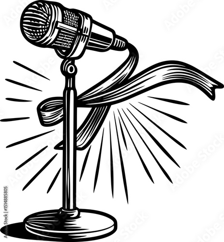 Vintage microphone on stand with ribbon and radiant lines retro music, broadcast, performance icon concept