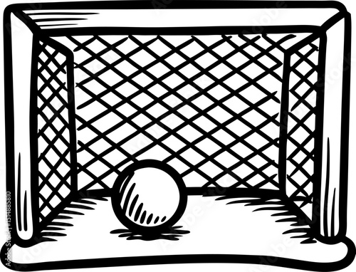 Soccer goal with ball inside net simple black and white illustration, football scoring concept, sports doodle art