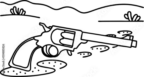 Classic revolver lying on desert ground wild west landscape with hills and sparse bushes, outline illustration