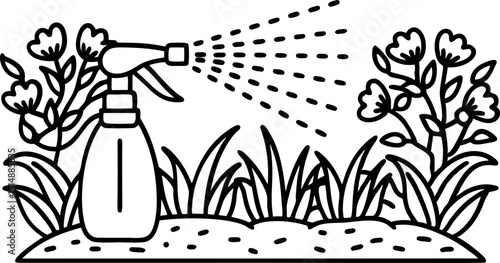 Garden spray bottle watering flowers in flowerbed hand sprayer irrigation, plant care for healthy growth