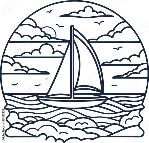 Sailing boat on ocean waves with seagulls, detailed line art illustration, serene horizon and cloudy sky