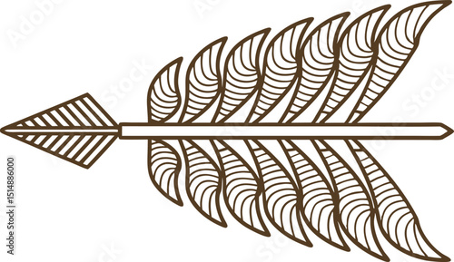 Hand drawn stylized arrow with detailed fletching decorative feather pattern, brown outline, isolated on white background