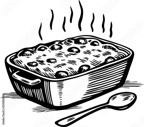 freshly baked casserole in oven dish with steam rising, vintage sketch style, comfort food illustration
