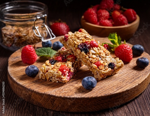 granola bars with berries on wooden board