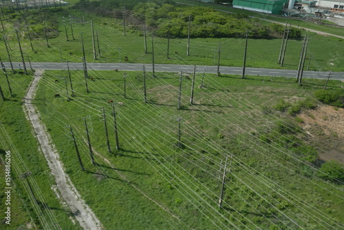 Aerial Inspection City Landscape Electrical Power Lines Substation Infrastructure Helicopter Drone View Energy Distribution Urban Area