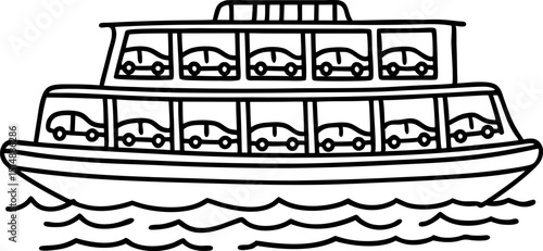 Car ferry boat transport outline drawing of double decker vessel carrying vehicles across water, maritime logistics