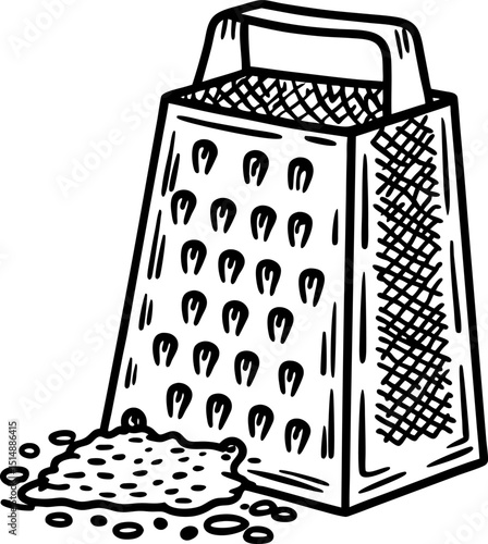 Box cheese grater with handle and shredded cheese, kitchen utensil for food preparation and cooking