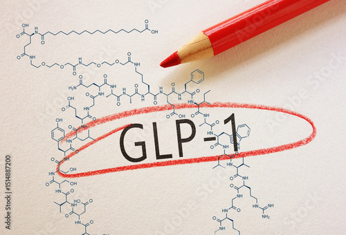 GLP-1 text circled in red pencil with Semaglutide chemical structure, on textured paper
