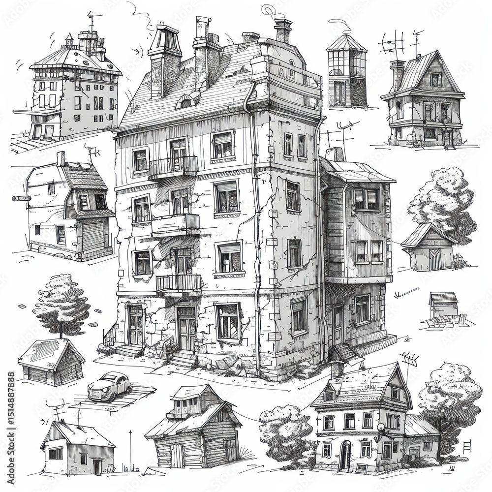 Obraz premium Detailed Sketch of Various Architectural Styles in a Black and White Illustration