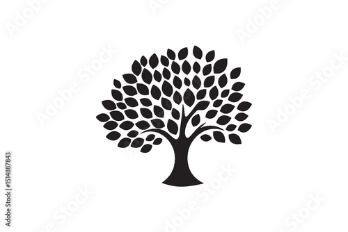 Simple Black and White Silhouette of a Lush Tree, A stylized, black silhouette of a tree with numerous leaves, creating a visually appealing and impactful image.