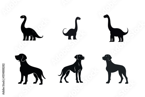 Silhouette set of dinosaurs and dogs