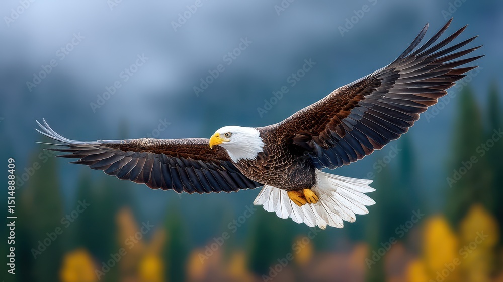 Obraz premium Majestic Bald Eagle in Flight over Autumnal Forest Landscape A powerful bird soaring gracefully with wings spread wide