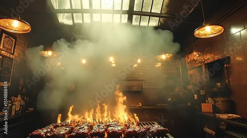 Intense barbeque preparation with fire and smoke in vintage industrial kitchen atmosphere
