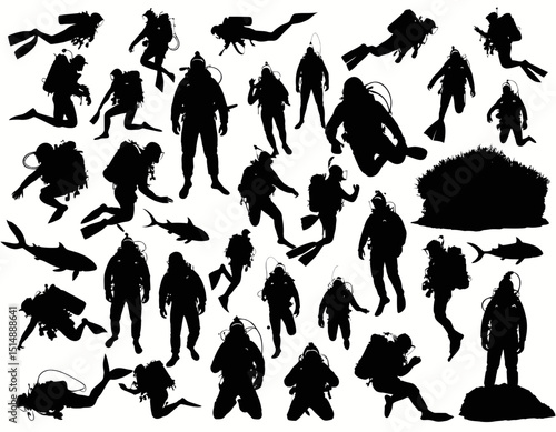 Collection Of Divers Silhouettes Against White Background