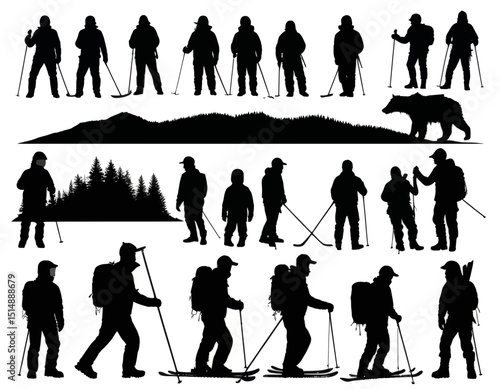 Collection Of Hikers And Skiers Silhouettes In Snowy Mountain Landscape
