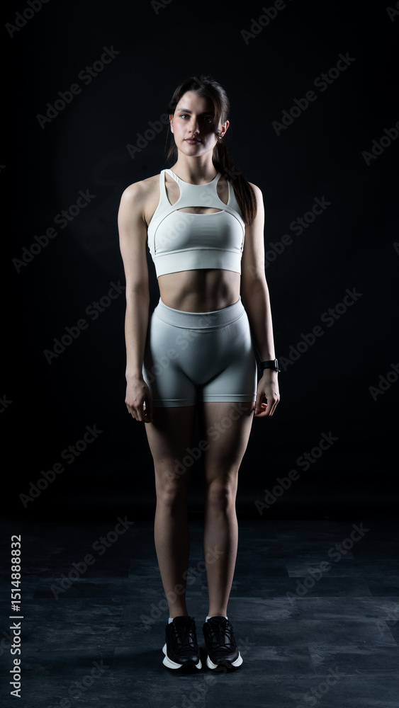 Obraz premium Athletic woman standing on black background, showing her fit body 