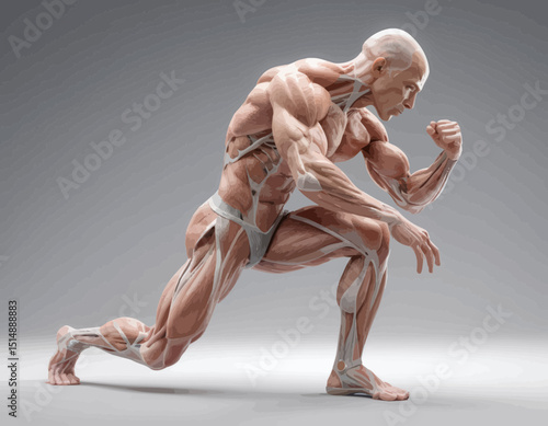 Detailed 3D Rendering Of Muscular Male Anatomy In Gray Studio Lighting