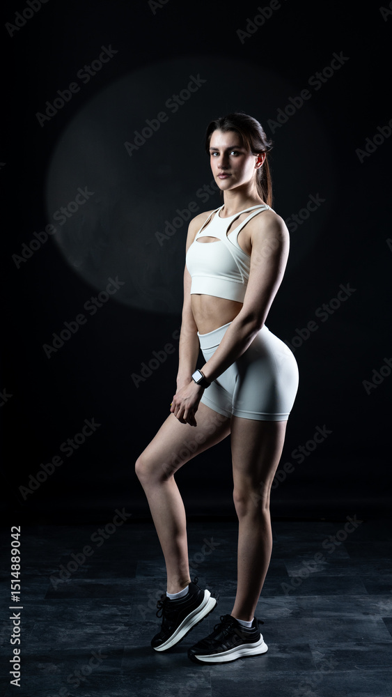 Obraz premium Athletic woman standing on black background, showing her fit body 