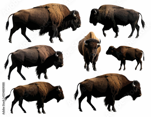 Group Of Wild Animals In Profile Views On White Background