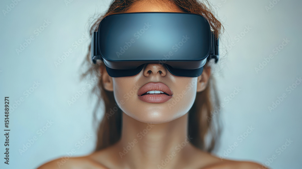Naklejka premium Young Woman Wearing VR Headset Experiencing Virtual Reality