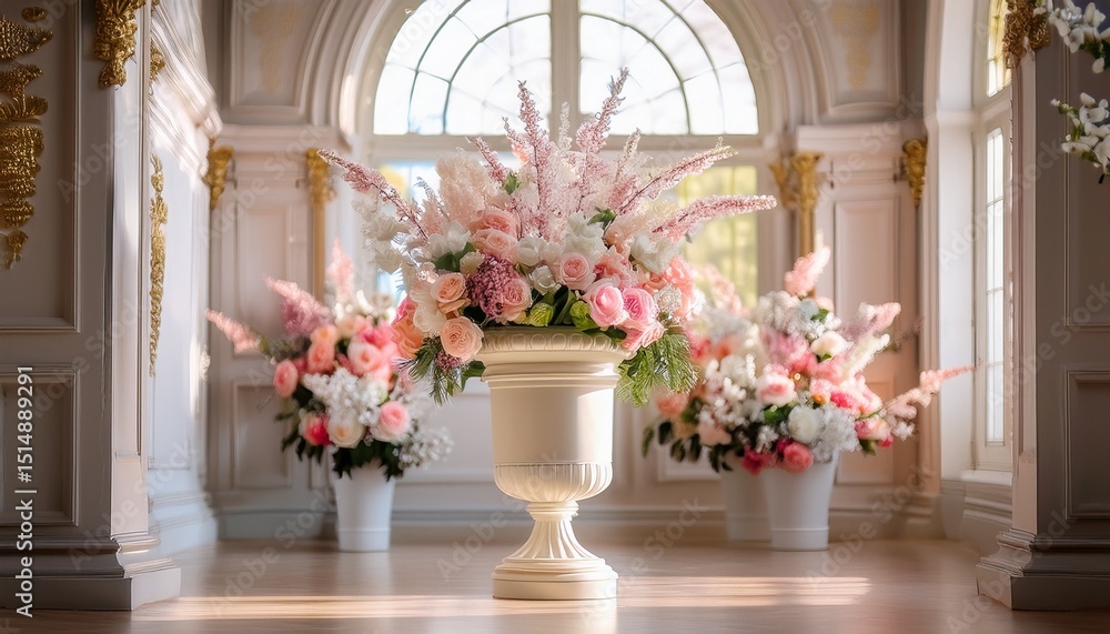 Fototapeta premium a serene white urn surrounded by delicate flowers in a softly lit indoor space