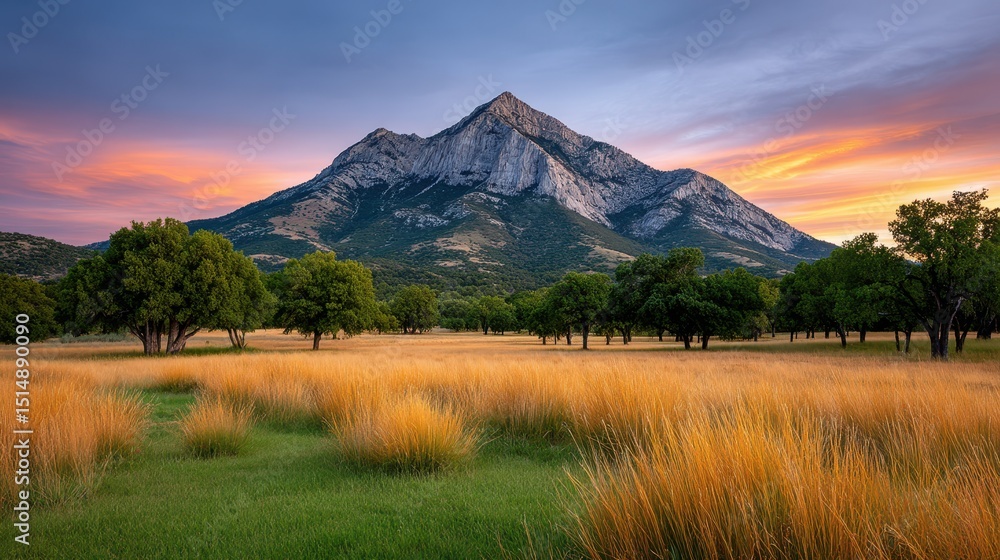 Naklejka premium Majestic Mountain Landscape at Sunset Golden Grasslands and Tranquil Trees