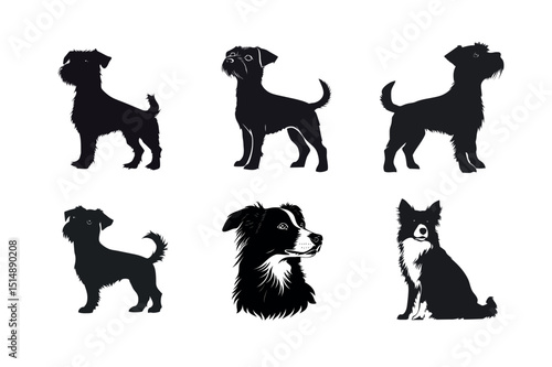 Six dog silhouettes miniature schnauzer and border collie