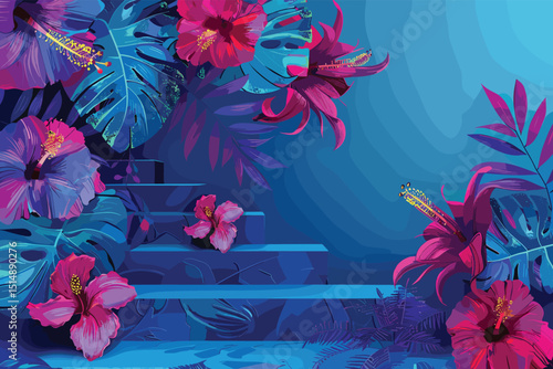 Tropical design for fashion: exotic leaves and orchid flowers in neon light. Seamless pattern. Watercolor