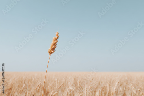 serene wheat field under clear sky with solitary golden ear of wheat on left side of frame