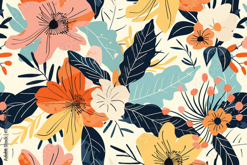 Abstract seamless flowers pattern, vector illustration wildflowers botanical elements design for website, fabric, bendin.