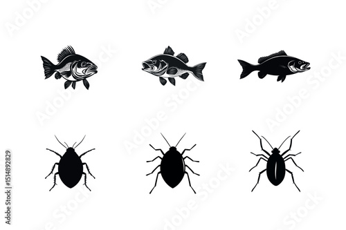 Black and white illustrations of fish and cockroaches