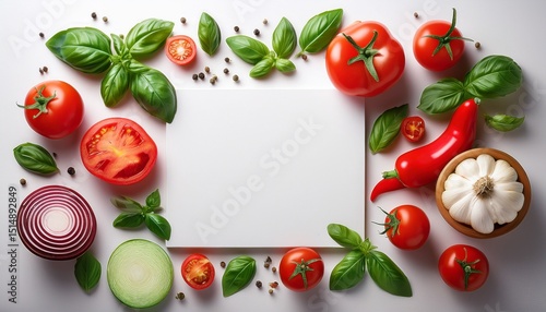 fresh ingredients including tomatoes basil and peppers arranged around a white empty space