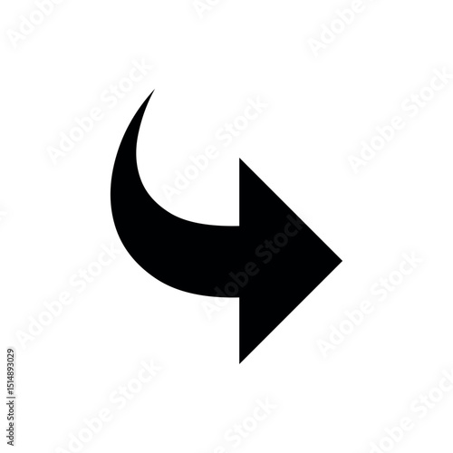 vector arrow icon, Curved Right Arrow, A sleek, black arrow with a sharp curve pointing right, often used to signify forwarding, turning a page, or navigating to the next step