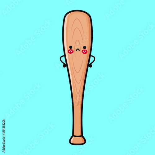 A sad and adorable cartoon Baseball Bat character stands against a bright, blue background.