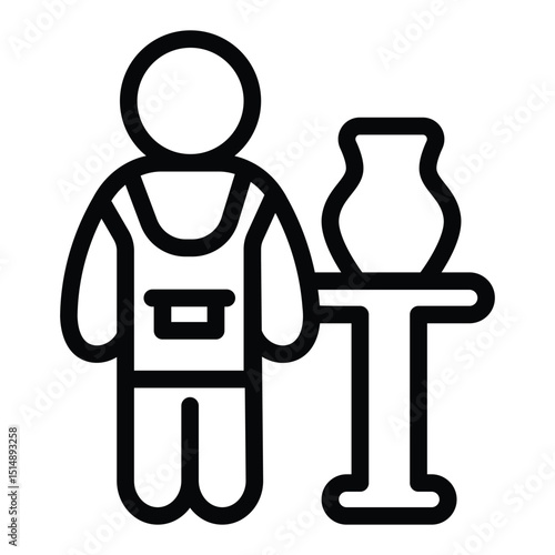 Clay jug on desk and man with apron line icon, pottery making concept. Vector graphics. Human with vase on table sign on white background, style for mobile or design.