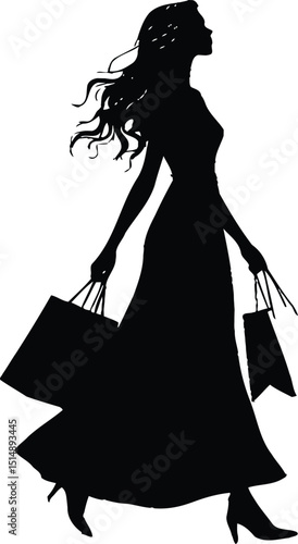  Stylish Woman Shopping Silhouette with Shopping Bags - Fashion Vector Illustration
