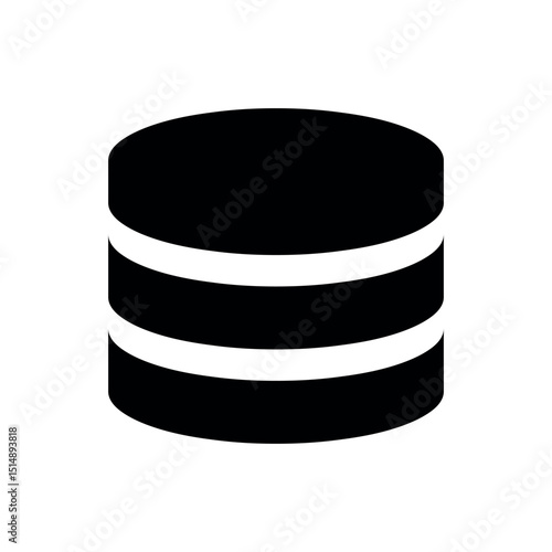 Illustration of a Database icon, A solid, black silhouette representing stacked disks, widely recognized as a symbol for a database, data storage, or server