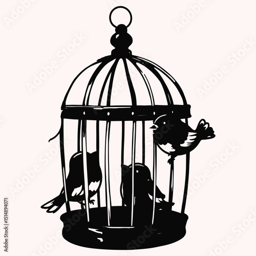Three Birds in a Cage - Symbolic Vector Silhouette Illustration