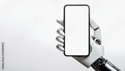 robotic arm or robot hand holding a phone mockup clear screen on white background