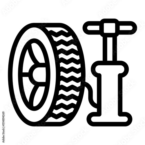 Manual pump and wheel line icon, tires fitting concept. Vector graphics. Car tire air inflator, car service sign on white background, style mobile or design.