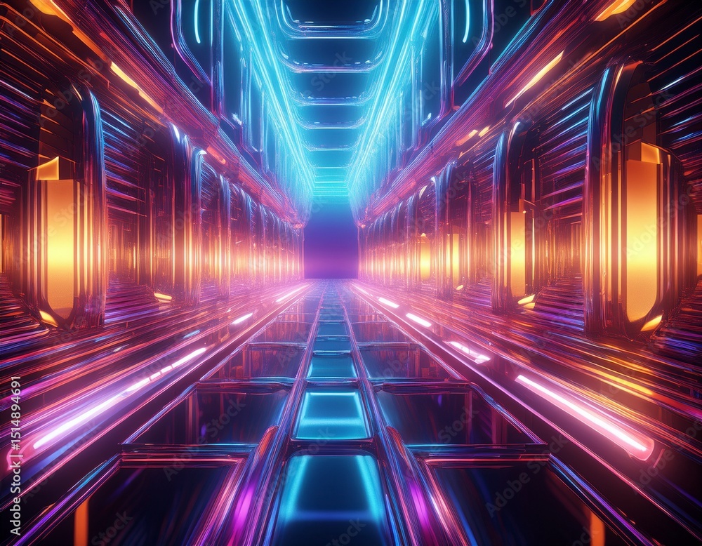 Fototapeta premium a surreal 3d background displaying an infinite mirror maze reflecting cascading neon lights the endless reflections and shifting perspectives create a mesmerizing futuristic and dreamlike visual