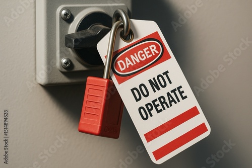 Safety Comes First - A red lock and warning tag indicate restricted access to a power switch, emphasizing safety and caution in an industrial or electrical setting.