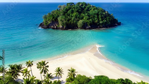 Tropical paradise beach landscape with turquoise ocean and palm trees under a beautiful sky, perfect for a summer vacation.