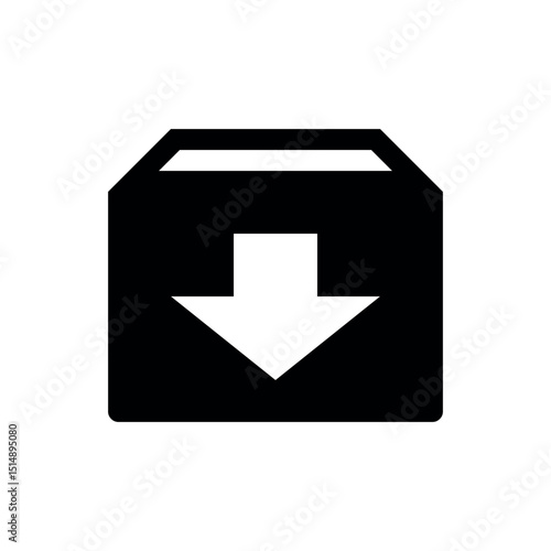 download icon button, Download Box, A clear, black silhouette of a box with a prominent downward arrow, signifying a download, saving, or incoming data.